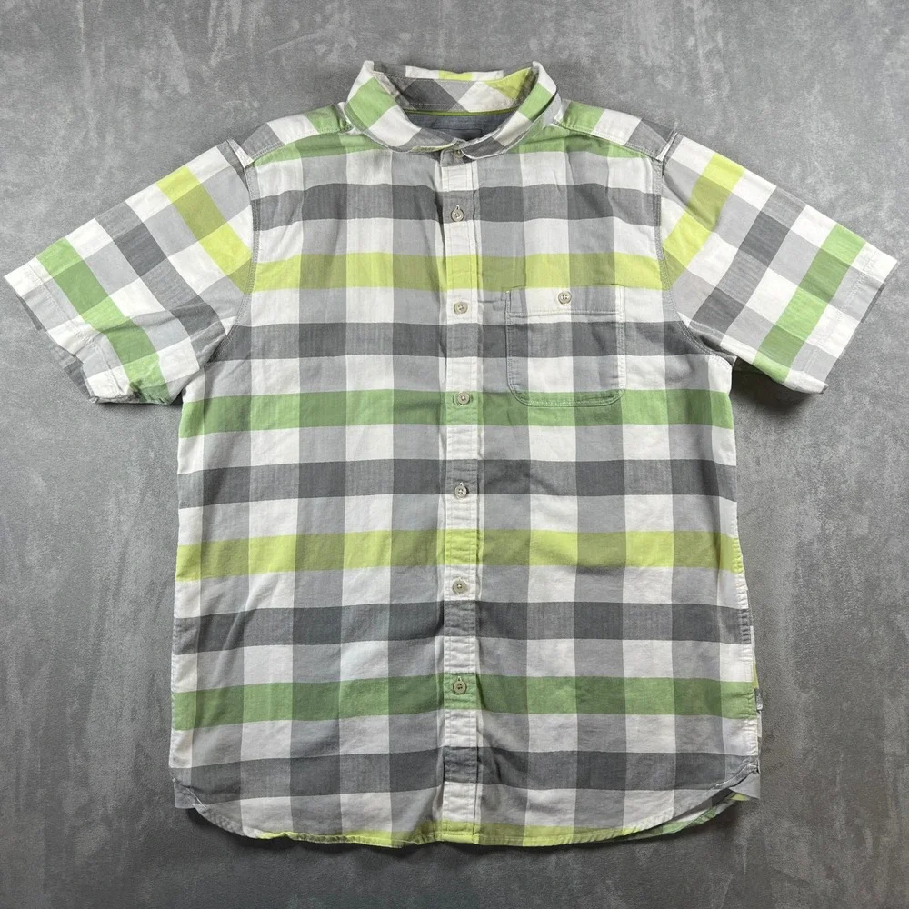 The North Face Men's Plaid Button Up Shirt Size L Green Gray White Short Sleeve